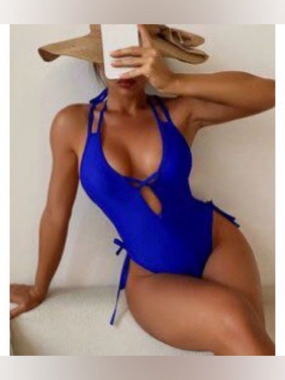 Royal blue crisscross halter top one piece swimsuit, high thigh cut cheeky - M